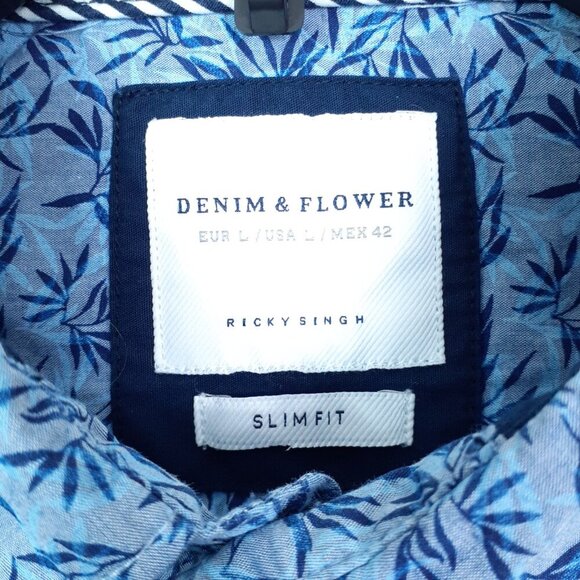 Denim & Flower Ricky Singh Mens Button Up Shirt L Slim Fit Blue Leaf Print 643 - Picture 3 of 5